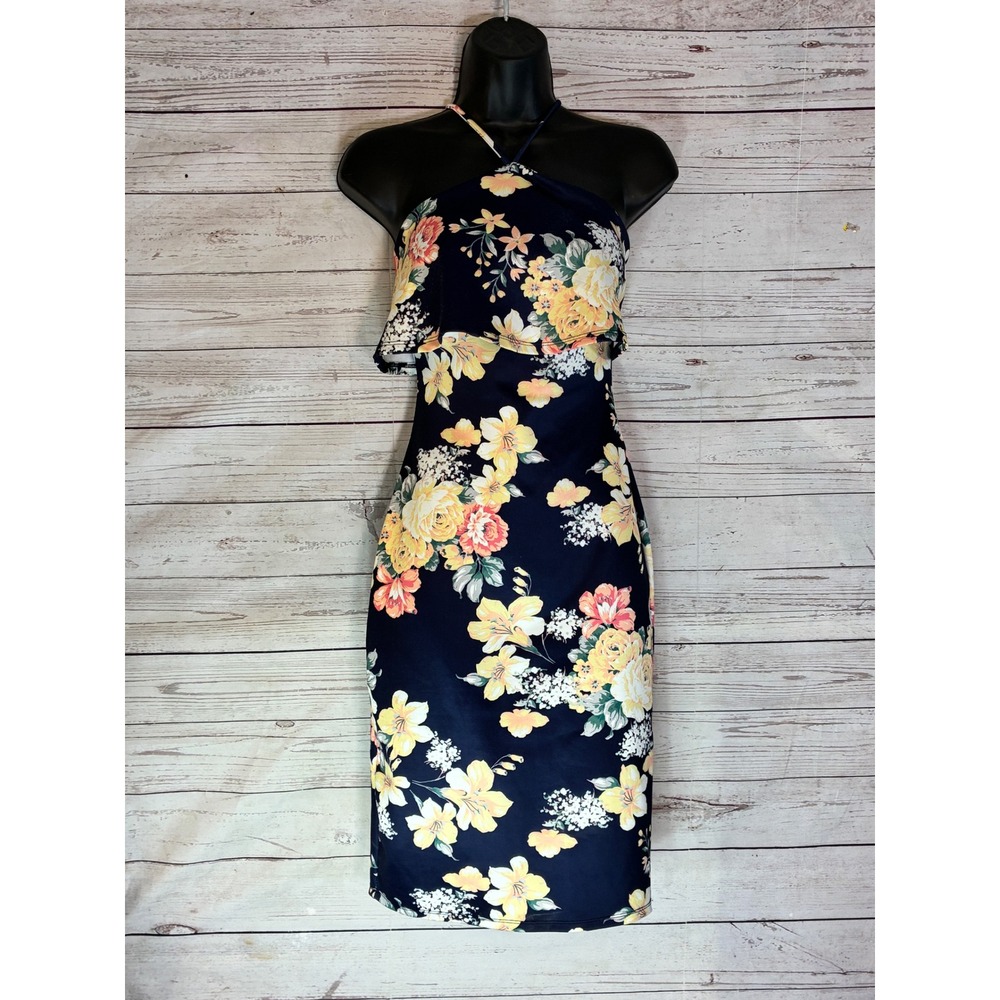 Charlotte Russe Party‎ Halter Dress Cottagecore Bodycon Floral Small Navy Blue